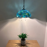 Tiffany Style Pendant Lighting Blue Stained Glass LED Bulbs Included 16”W*16”D*75”H
