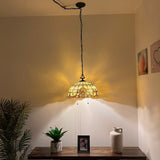 Tiffany Style Pendant Lighting Plug In Gold Stained Glass LED Bulbs Included 16”W*16”D*75”H