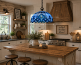 Tiffany Style Pendant Lighting Blue Stained Glass LED Bulbs Included 20”W*20”D*75”H