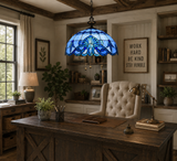 Tiffany Style Pendant Lighting Blue Stained Glass LED Bulbs Included 20”W*20”D*75”H