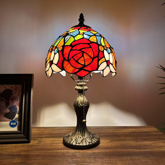 Tiffany Style Mini Table Lamp Stained Glass Rose Flowers 8