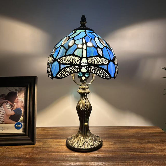 Tiffany Style Mini Table Lamp Blue Stained Glass Dragonfly 8