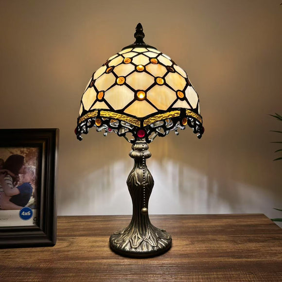 Tiffany Style Mini Table Lamp Beige Stained Glass Crystal Beans 8