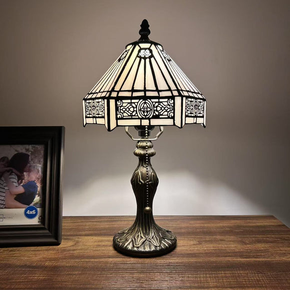 Tiffany Style Mini Table Lamp White Stained Glass Hexagon 8