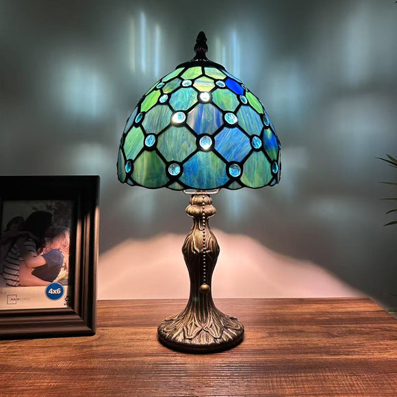 Tiffany Style Mini Table Lamp Blue Green Stained Glass Crystal Beans 8