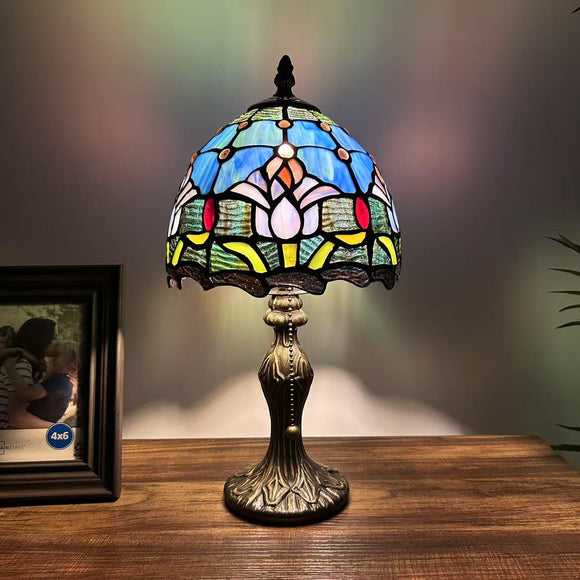 Tiffany Style Mini Table Lamp Blue Stained Glass Purple Tulips 8
