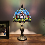 Tiffany Style Mini Table Lamp Blue Stained Glass Purple Tulips 8"D*8"W*15"H