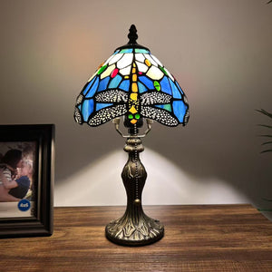 Tiffany Style Mini Table Lamp Blue Stained Glass Dragonfly 8"D*8"W*15"H