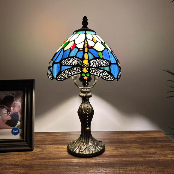 Tiffany Style Mini Table Lamp Blue Stained Glass Dragonfly 8