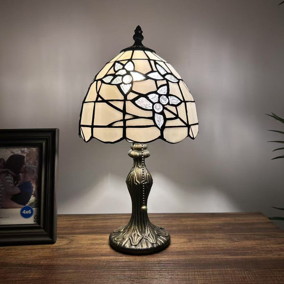Tiffany Style Mini Table Lamp White Stained Glass Flowers 8