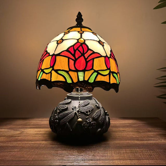 Tiffany Style Mini Table Lamp Stained Glass Red Tulips 8