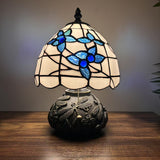 Tiffany Style Mini Table Lamp White Stained Glass Blue Flowers 8"W*8"D*12"H