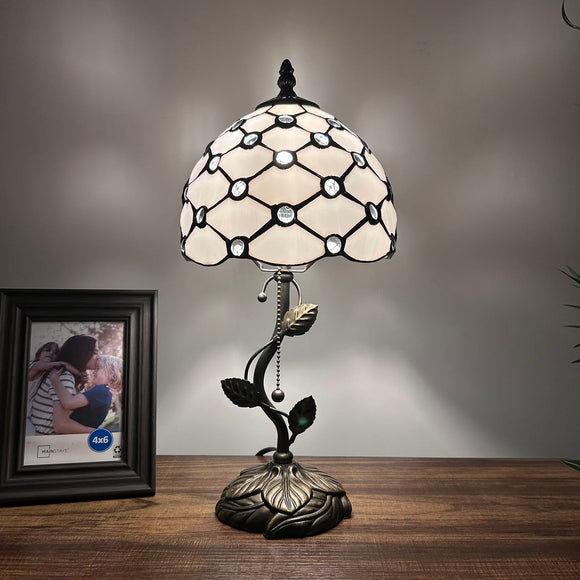Tiffany Style Table Lamp White Stained Glass Crystal Beans LED Bulb Included 8