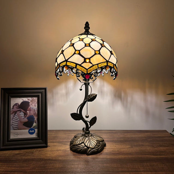 Tiffany Style Table Lamp Beige Stained Glass Crystal Beans LED Bulb Included 8