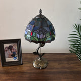 Tiffany Style Table Lamp Blue Stained Glass Purple Tulips LED Bulb Included 8"W*8"D*16"H