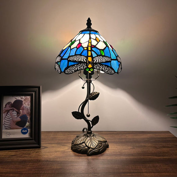 Tiffany Style Table Lamp Blue Stained Glass Dragonfly LED Bulb Included 8