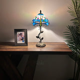 Tiffany Style Table Lamp Blue Stained Glass Dragonfly LED Bulb Included 8"W*8"D*16"H