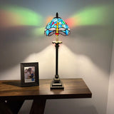Tiffany Style Table Lamp Blue Stained Glass Dragonfly LED Bulb 8"W*8"D*24"H