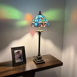 Tiffany Style Table Lamp Blue Stained Glass Dragonfly LED Bulb 8"W*8"D*24"H
