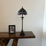 Tiffany Style Table Lamp Blue Stained Glass Dragonfly LED Bulb 8"W*8"D*24"H