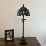 Tiffany Style Table Lamp Blue Stained Glass Dragonfly LED Bulb 8"W*8"D*24"H