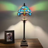 Tiffany Style Table Lamp Blue Stained Glass Dragonfly LED Bulb 8"W*8"D*24"H