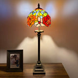 Tiffany Style Table Lamp Red Orange Stained Glass Rose Flowers 8"W*8"D*24"H
