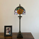 Tiffany Style Table Lamp Red Orange Stained Glass Rose Flowers 8"W*8"D*24"H