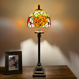 Tiffany Style Table Lamp Red Orange Stained Glass Rose Flowers 8"W*8"D*24"H