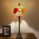 Tiffany Style Table Lamp Red Orange Stained Glass Rose Flowers 8"W*8"D*24"H