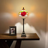 Tiffany Style Table Lamp Red Orange Stained Glass Rose Flowers 8"W*8"D*24"H