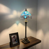 Tiffany Style Table Lamp Blue Stained Glass Dragonfly LED Bulb 8"W*8"D*24"H
