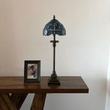 Tiffany Style Table Lamp Blue Stained Glass Dragonfly LED Bulb 8"W*8"D*24"H