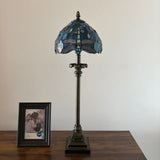 Tiffany Style Table Lamp Blue Stained Glass Dragonfly LED Bulb 8"W*8"D*24"H