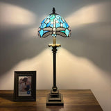 Tiffany Style Table Lamp Blue Stained Glass Dragonfly LED Bulb 8"W*8"D*24"H