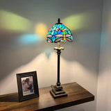 Tiffany Style Table Lamp Green Stained Glass Dragonfly LED Bulb 8"W*8"D*24"H
