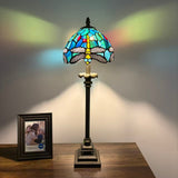 Tiffany Style Table Lamp Green Stained Glass Dragonfly LED Bulb 8"W*8"D*24"H