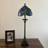 Tiffany Style Table Lamp Green Stained Glass Dragonfly LED Bulb 8"W*8"D*24"H