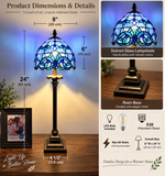 Tiffany Style Table Lamp Blue Stained Glass Baroque Style LED Bulb 8"W*8"D*24"H