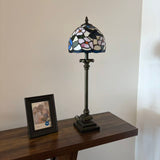 Tiffany Style Table Lamp Blue Pink Stained Glass Hummingbird Flowers LED Bulb 8"W*8"D*24"H
