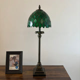 Tiffany Style Table Lamp Green Stained Glass Leaves LED Bulb 8"W*8"D*24"H