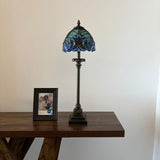 Tiffany Style Table Lamp Green Blue Stained Glass LED Bulb 8"W*8"D*24"H