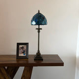Tiffany Style Table Lamp Blue Stained Glass Crystal Beans LED Bulb 8"W*8"D*24"H