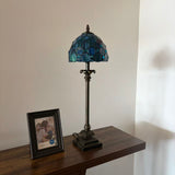 Tiffany Style Table Lamp Blue Stained Glass Crystal Beans LED Bulb 8"W*8"D*24"H
