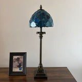 Tiffany Style Table Lamp Blue Stained Glass Crystal Beans LED Bulb 8"W*8"D*24"H