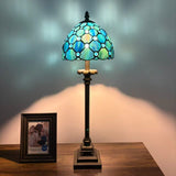 Tiffany Style Table Lamp Blue Stained Glass Crystal Beans LED Bulb 8"W*8"D*24"H