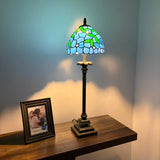 Tiffany Style Table Lamp Blue Stained Glass Leaves LED Bulb 8"W*8"D*24"H