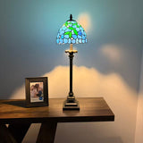 Tiffany Style Table Lamp Blue Stained Glass Leaves LED Bulb 8"W*8"D*24"H
