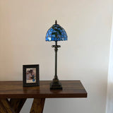 Tiffany Style Table Lamp Blue Stained Glass Leaves LED Bulb 8"W*8"D*24"H