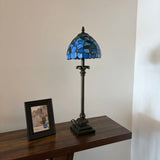 Tiffany Style Table Lamp Blue Stained Glass Leaves LED Bulb 8"W*8"D*24"H